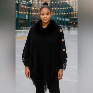 Elegant Black Poncho Sweater with Fringe